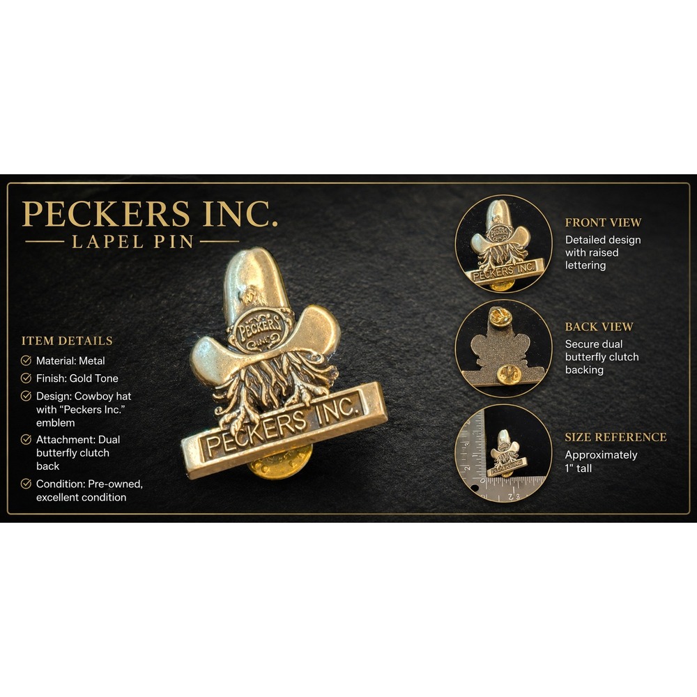 Vtg PECKERS INC Lapel Pin Gold Tone Cowboy Hat Bearded Character Advertising Pin